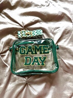 Clear 'GAME DAY' Crossbody Bag with Green Trim and Chevron Strap